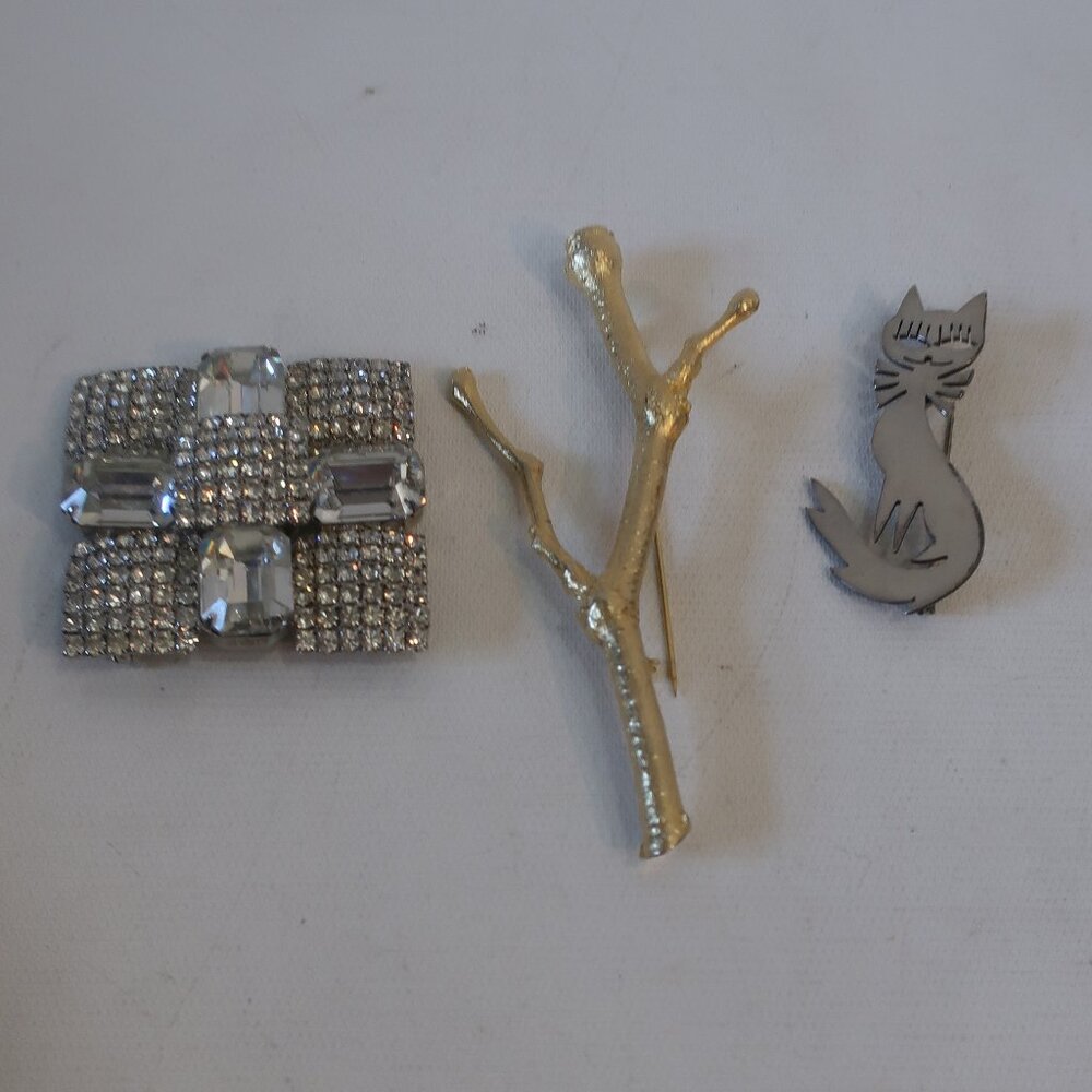 Womens Mixed Lot 3- Brooches Silver 925 Cat Gold-Toned Branch Rhinestone Square